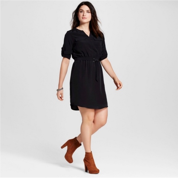 MOSSIMO Shirt Dress Black Roll Tab Sleeves - Picture 2 of 13